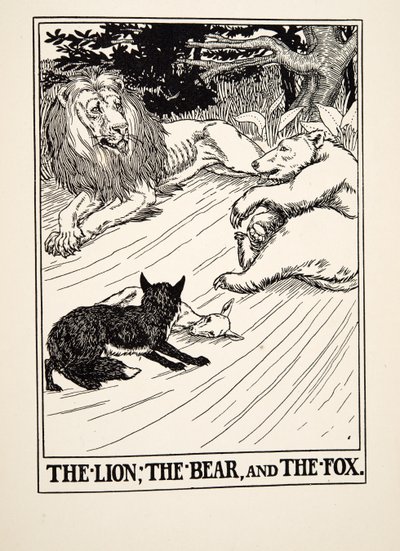 O Leão, o Urso e a Raposa, de Cem Fábulas de Esopo, pub.1903 de Percy J. Billingshurst