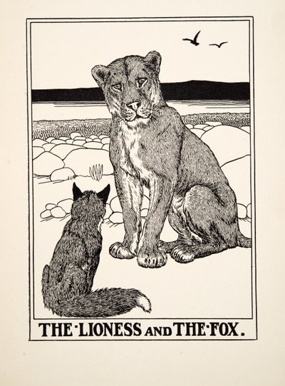 A leoa e a raposa, de cem fábulas de Esopo, pub.1903 de Percy J. Billingshurst