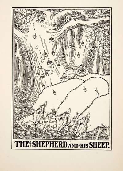 The Shepherd and his Sheep, de A Hundred Fables of Aesop, pub.1903 (gravura) de Percy J. Billingshurst
