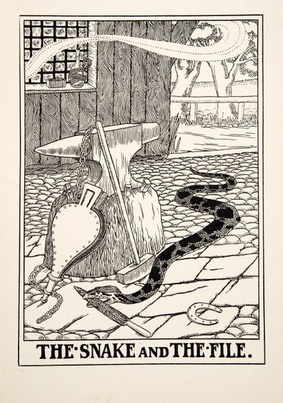 The Snake and the File, from A Hundred Fables of Aesop, pub.1903 (gravura) de Percy J. Billingshurst