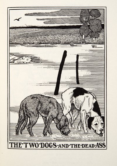 Os dois cães e o burro morto, de Fontaine Fables, pub. 1905 de Percy J. Billingshurst