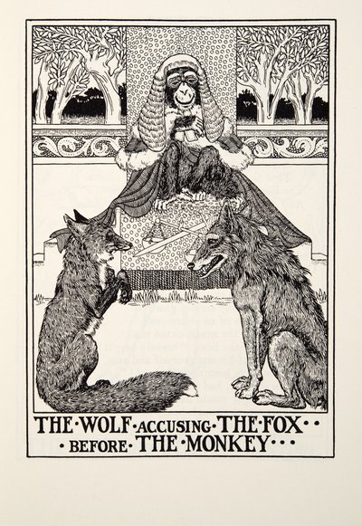 O lobo acusando a raposa antes do macaco, de Fontaine Fables, pub. 1905 de Percy J. Billingshurst