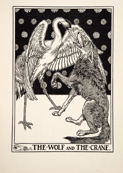 O lobo e o guindaste, de cem fábulas de Esopo, pub.1903 de Percy J. Billingshurst