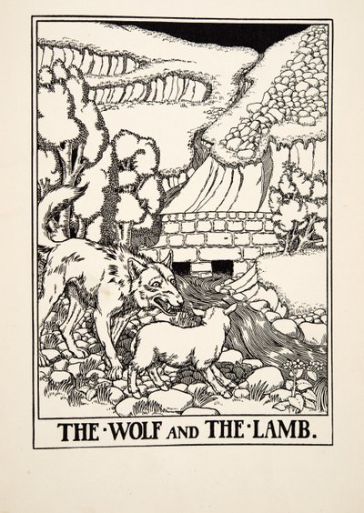 O lobo e o cordeiro, de cem fábulas de Esopo, pub.1903 de Percy J. Billingshurst