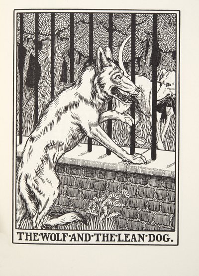 The Wolf and the Lean Dog, de Fontaine Fables, pub. 1905 (gravura) de Percy J. Billingshurst