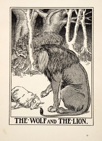 The Wolf and the Lion, de A Hundred Fables of Aesop, pub.1903 (gravura) de Percy J. Billingshurst