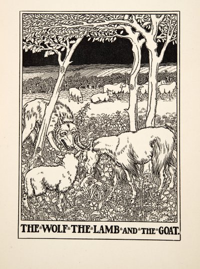 The Wolf, the Lamb and the Goat, from A Hundred Fables of Aesop, pub.1903 (gravura) de Percy J. Billingshurst
