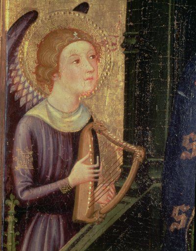 Anjo tocando uma harpa (detalhe de um retábulo da Virgem da Abella Conca) de Pere Serra