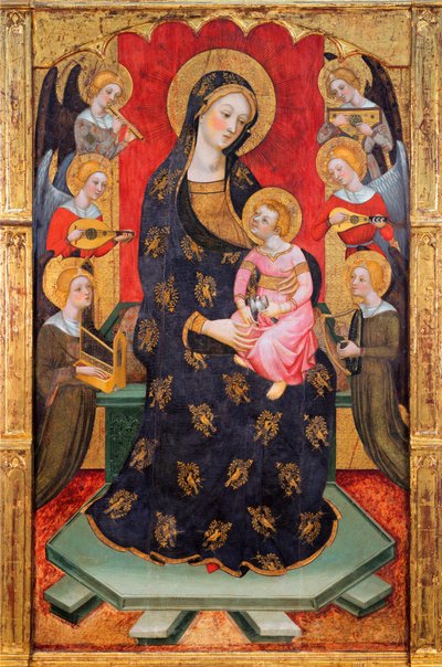 Madonna with Angels Playing Music - Pintura de Pere (Pedro) Serra (activa por volta de 1357-1406), ca 1380 - Tempera no painel - Museu Nacional d
