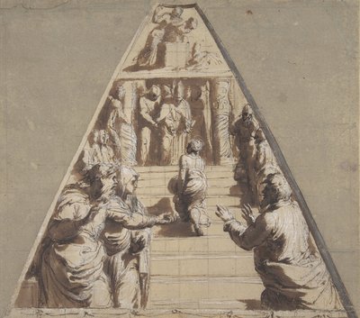 Apresentação da Virgem no Templo abaixo, Abraão prestes a sacrificar Isaac acima, 1520. de Perino del Vaga