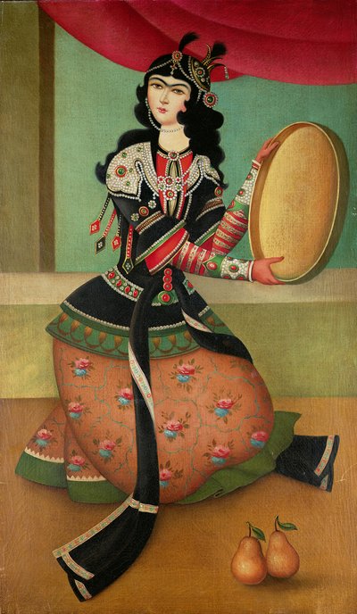 Uma garota dançando com um pandeiro, escola Qajar de Persian School