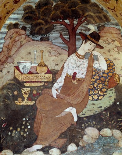 Uma princesa persa sob o domínio de Abbas I, descansando no século XVII. Fresco do Palácio das 40 Colunas (Chehel Sotoun) em Isfahan (Isfahan ou Espahan, Esfahan), Irão. de Persian School