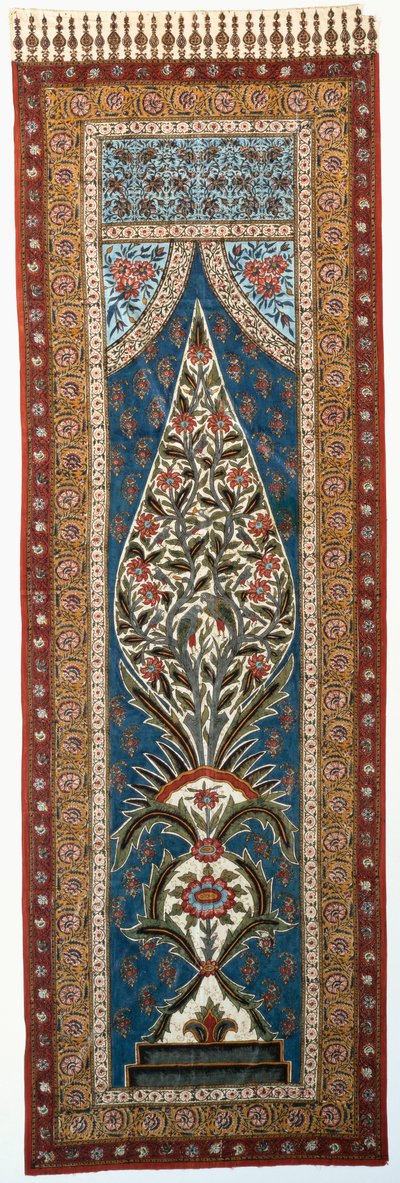 Um kalimkari de algodão vitrificado pintado e impresso com papagaios e outros pássaros empoleirados nos galhos de uma árvore em forma de chamas de Persian School