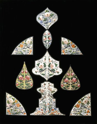 Um grupo de dez pinturas de espelho Qajar, decoradas com várias flores e pássaros empoleirados, início do século XIX de Persian School