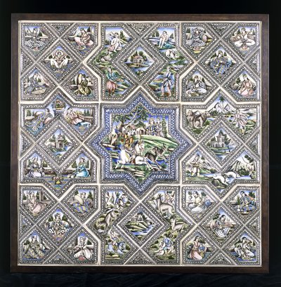 Um painel de cerâmica, representando a caça ao Bahram Gur, e várias outras figuras em uma variedade de cenas, no final do século XIX de Persian School