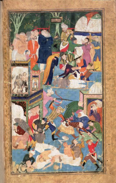 Adicione 22703 fol.52v O saque de Isfahan em 1387 mostrando as forças de Timur saqueando, pilhando e assassinando de Persian School