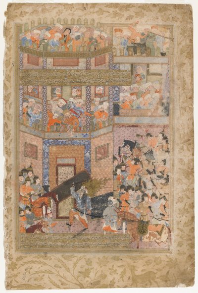 Ali levanta os portões de Qamus, de um Rawzat al-safa, 1571-72 de Persian School