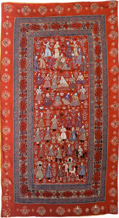 Um enforcamento bordado de toalha de rosto de lã vermelha com fileiras de figuras representando a vida de Joseph de Persian School