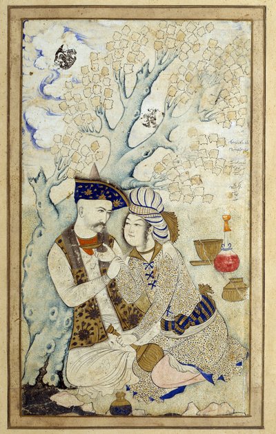 Art Islamismo: Retrato do Shah Abbas I abraçando uma das suas páginas. Desenho persa de 1672. Dim: 0,16 x 0,27m. Paris, Musee Du Louvre de Persian School