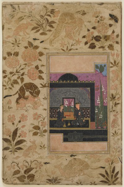 Bahram Gur e a princesa no Pavilhão Negro, c.1590 (aquarela opaca, tinta e ouro no papel) de Persian School