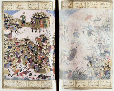 Batalha entre Isfandiyar e Arjasp, ilustração do Shahnama (Livro dos Reis), por Abul-Qasim Manur Firdawsi (c.934-c.1020) c.1440-45 (caneta, tinta e wc em pergaminho) de Persian School