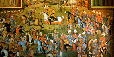 Batalha de Taher-Abad ou Batalha de Merv com a vitória do Xá Ismail I sobre Muhammad Shaybani Khan, Recepção Hall, Chehel Sotun, 1647 de Persian School