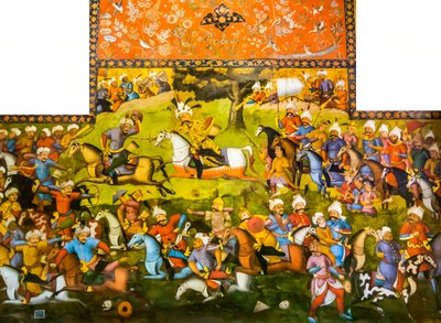 Batalha de Taher-Abad ou Batalha de Merv com a vitória do Xá Ismail I sobre Muhammad Shaybani Khan, Recepção Hall, Chehel Sotun, 1647 de Persian School