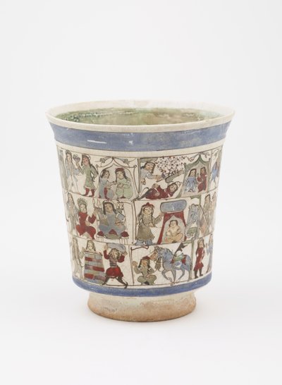 Copo representando o &39;Shahnama&39;, Kashan, Irã, Período Saljuq, final do século 12 (pasta de pedra pintada com esmalte e sobre esmalte) de Persian School