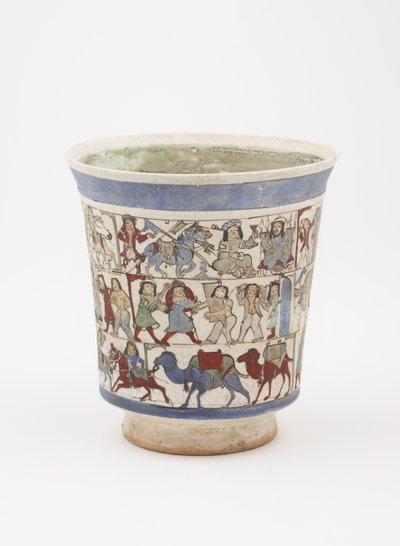 Copo representando o &39;Shahnama&39;, Kashan, Irã, Período Saljuq, final do século 12 (pasta de pedra pintada com esmalte e sobre esmalte) de Persian School