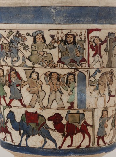 Copo representando o &39;Shahnama&39;, Kashan, Irã, Período Saljuq, final do século 12 (pasta de pedra pintada com esmalte e sobre esmalte) de Persian School