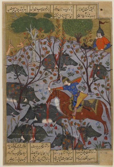 Bijan caça javalis, de um Shahnama, c.1600 de Persian School