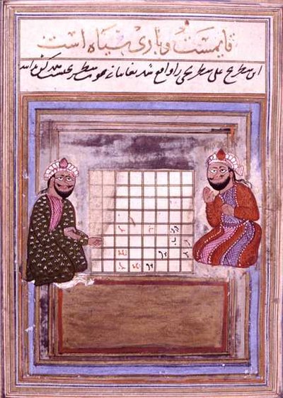Jogadores de Xadrez, página de um Tratado de Xadrez, Safavid do início do século XVI (tinta sobre papel) de Persian School