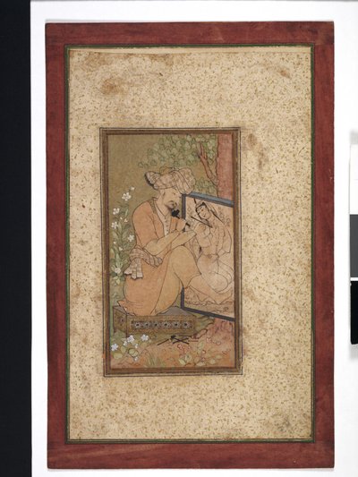 Farhad esculpindo o retrato de Shirin, provavelmente do século 18 (aquarela opaca, tinta e ouro sobre papel) de Persian School