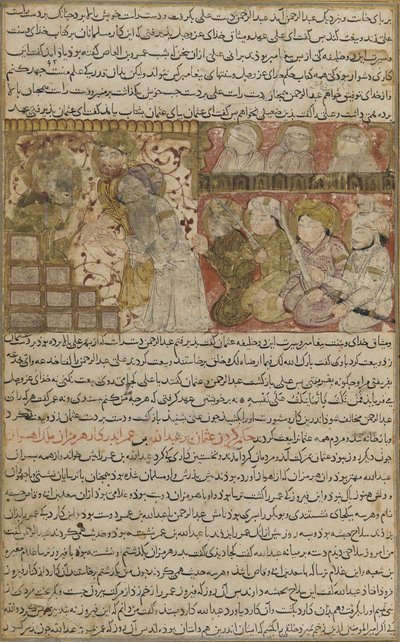 Folio de Tarikhnama (Livro da história) por Balami: A eleição de Othman para o califado de Medina, c.1300 (aquarela opaca, tinta e ouro sobre papel) de Persian School