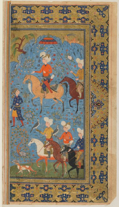 Fólio de um Shahnama (Livro dos Reis) de Firdawsi; A Royal Hunt, Irã, c.1590-1600 (aquarela, tinta e ouro opacos sobre papel) de Persian School