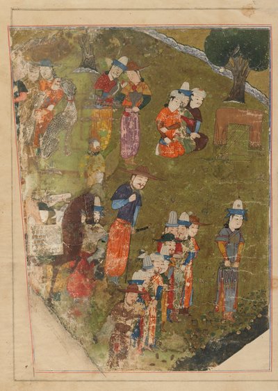 Folio de um Zafarnama; reto: Timur concede uma audiência na ocasião de sua ascensão ao trono em Balkh; verso: texto, Shiraz, Irã, período Timurid, 1436 (aquarela opaca, tinta e ouro em pa de Persian School