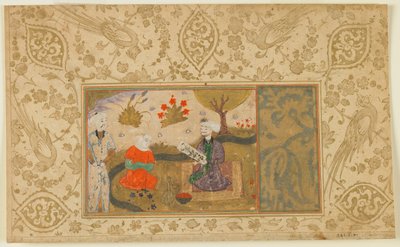 Fólio de um texto não identificado; Uma mulher conversa com um homem sentado por um córrego, Irã, c.1500 (aquarela opaca, tinta e ouro no papel) de Persian School