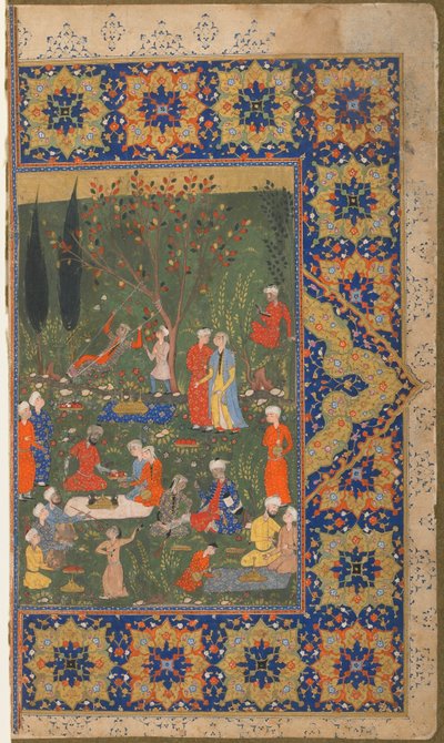 Fólio de um texto não identificado; verso: Uma festa em um jardim, Shiraz, Irã, c.1570 (aquarela opaca, tinta e ouro sobre papel) de Persian School