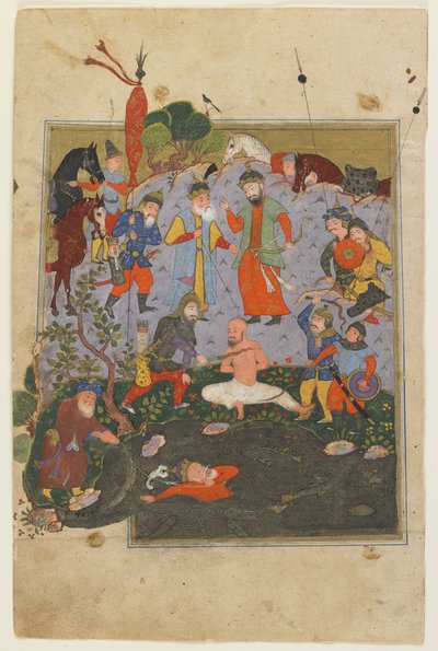 Garsivaz sendo açoitado enquanto Afrasiyab é arrastado do lago por um Shahnama de Persian School