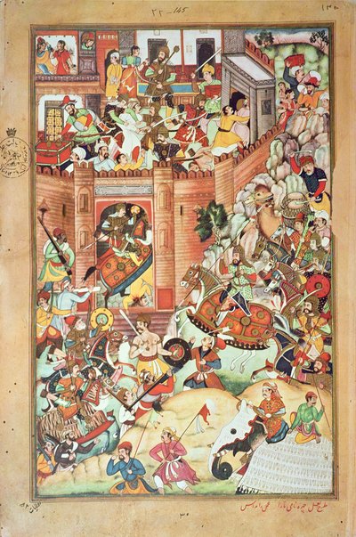 Genghis Khan captura uma cidade chinesa, miniatura da "História Persa de Genghis Khan" completada em 1596 de Persian School