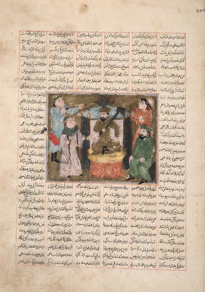Gordiyeh aconselha seu irmão Bahram Chubineh a não aspirar ao trono persa, c.1330 (wc opaca, ouro e tinta no papel) de Persian School