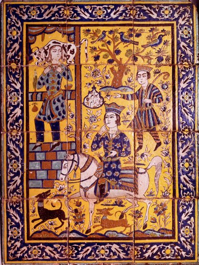 Gulendam é perdoada por um comentário desajeitado que ela fez ao Vahram V Gour (ou Bahram Gur ou Gor), rei sassânida da Pérsia, carregando um boi no ombro Painel de placas de revestimento em mosaico representando um episódio do "Shahnameh" (Shah Nama, Shah de Persian School