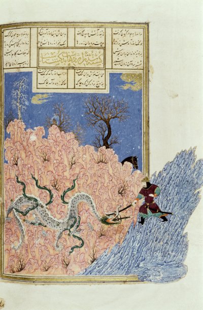 Gushtasp Killing the Dragon, ilustração do Shahnama (Livro dos Reis), de Abul-Qasim Manur Firdawsi (c.934-c.1020) c.1440-45 (caneta, tinta e wc em velino) de Persian School