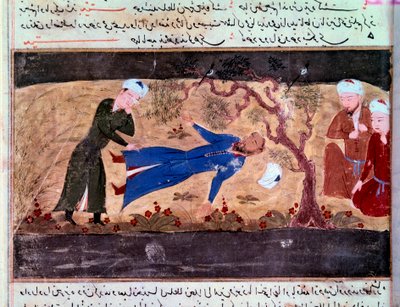 História dos Mongóis: A morte de Muhammad Hwarazmshah. Manuscrito "Sum of Stories (Djame al-tavarikh) (Djame al-tavarikh)" (Folio 60v) por Rachid al-Din Fazl-ollah (Fazl ollah) Hamadani de Persian School