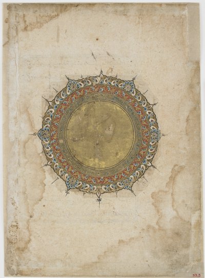 Medalhão iluminado com duas bordas ornamentais, folio de um texto não identificado, Irã, do século 13 ao 14 (aquarela opaca e ouro sobre papel) de Persian School