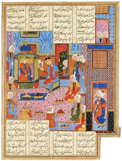 Ilustração de um Safhnid Shahnama: Alexander, disfarçado de enviado, é reconhecido pela rainha Nushaba, Shiraz, Irã, 1650-1700 de Persian School