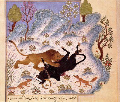 Leão a atacar um touro Página de um Kalila e Dimna de Persian School