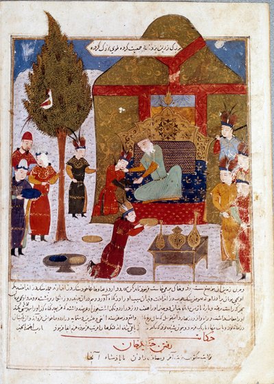 Imperador Mongol Genghis Khan (1167-1227) em seu trono num acampamento perto de Ilmil com seus netos Quibalai e Hule Gu miniatura persa tirada de Jami al-Tawarikh (Jami al tawarikh) (História do Império Mongol) por Rashid al-Din (al Din) (B.1247-1318) de Persian School