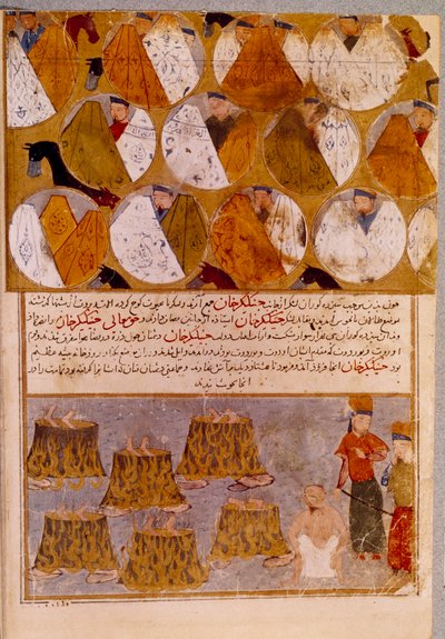 Tendas Mongóis e prisioneiros de Genghis Khan (1162-1227): Genghis Khan tem os seguidores de Djamuqua, um mongol da tribo Jadjirat atirado para os caldeirões. Miniatura persa tirada de "Jami al-tawarikh" (Jami al tawarikh) ou "História Universal". de Persian School