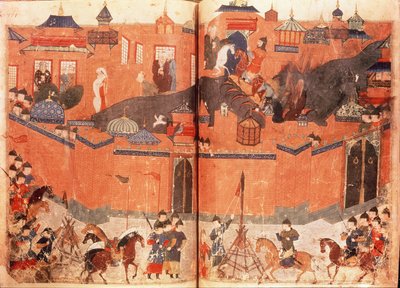 Ms.Sup.Pers.1113.f.180v-181 Os mongóis, sob a direção de Hulagu Khan, atacam e capturam Bagdade em 1258, a partir de um livro de Rashid al-Din (1247-1318) (velino) de Persian School